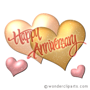 Glittery golden hearts with "Happy Anniversary" script, flanked by two small pink hearts on white background.
