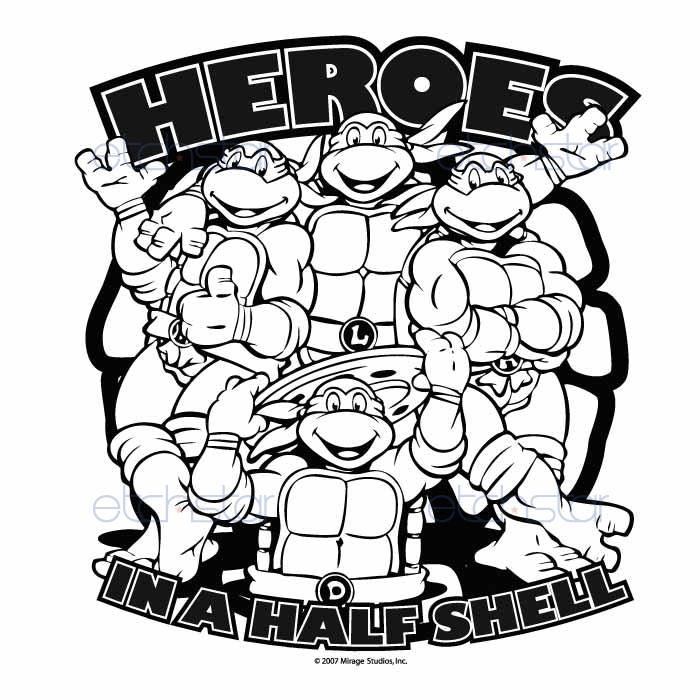 Four Teenage Mutant Ninja Turtles posing heroically under "Heroes in a Half Shell" text, black-and-white line art.