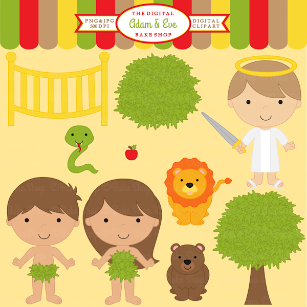 Biblical Adam and Eve clipart set with garden elements, serpent, lion, bear, tree, apple, and angelic figure holding sword.