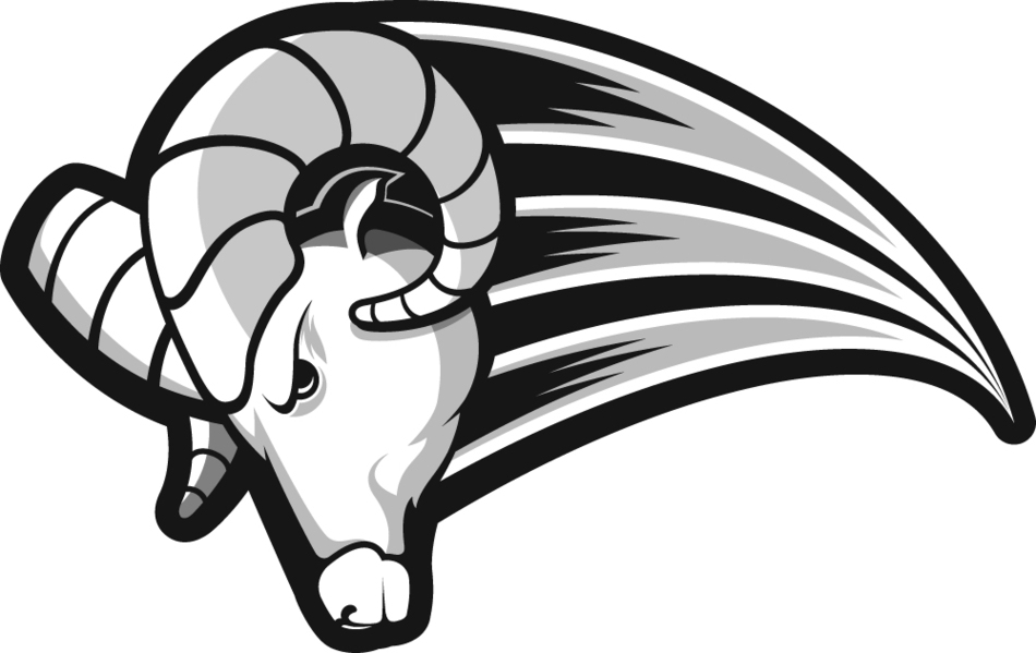 Stylized black-and-white ram head with large curved horns and dynamic speed lines.