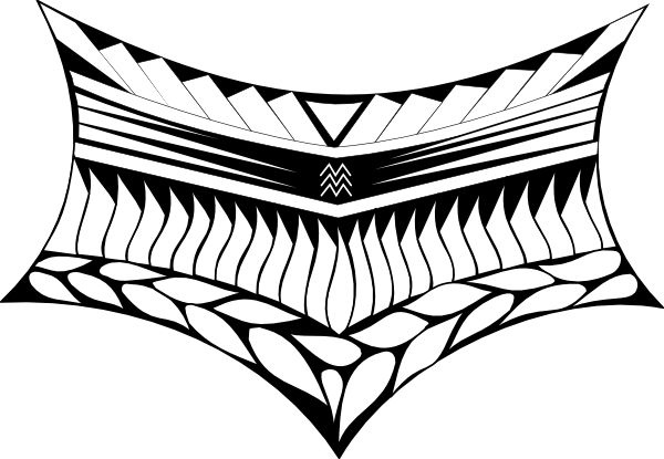 Black-and-white geometric Polynesian-style tattoo pattern with symmetrical tribal motifs and wave-like elements.