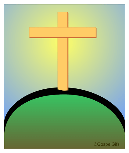 Golden cross atop a green hill with radiant light background, symbolizing resurrection and hope.