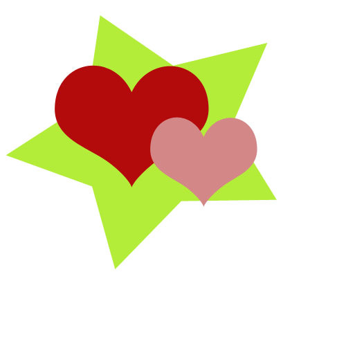 A lime green star with a large red heart and a smaller pink heart overlapping in the center.