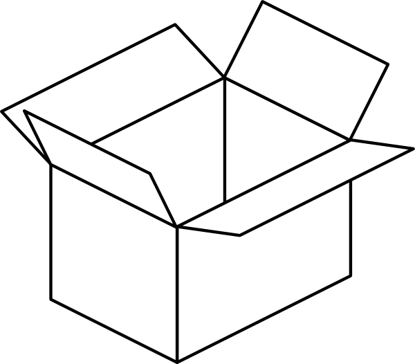Simple line drawing of an open cardboard box with flaps extended upward.