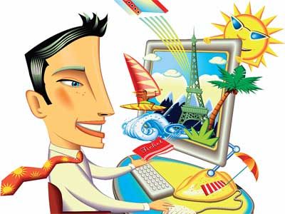 A smiling businessman uses a laptop displaying travel scenes including Eiffel Tower, beach, sailboat, and sun.