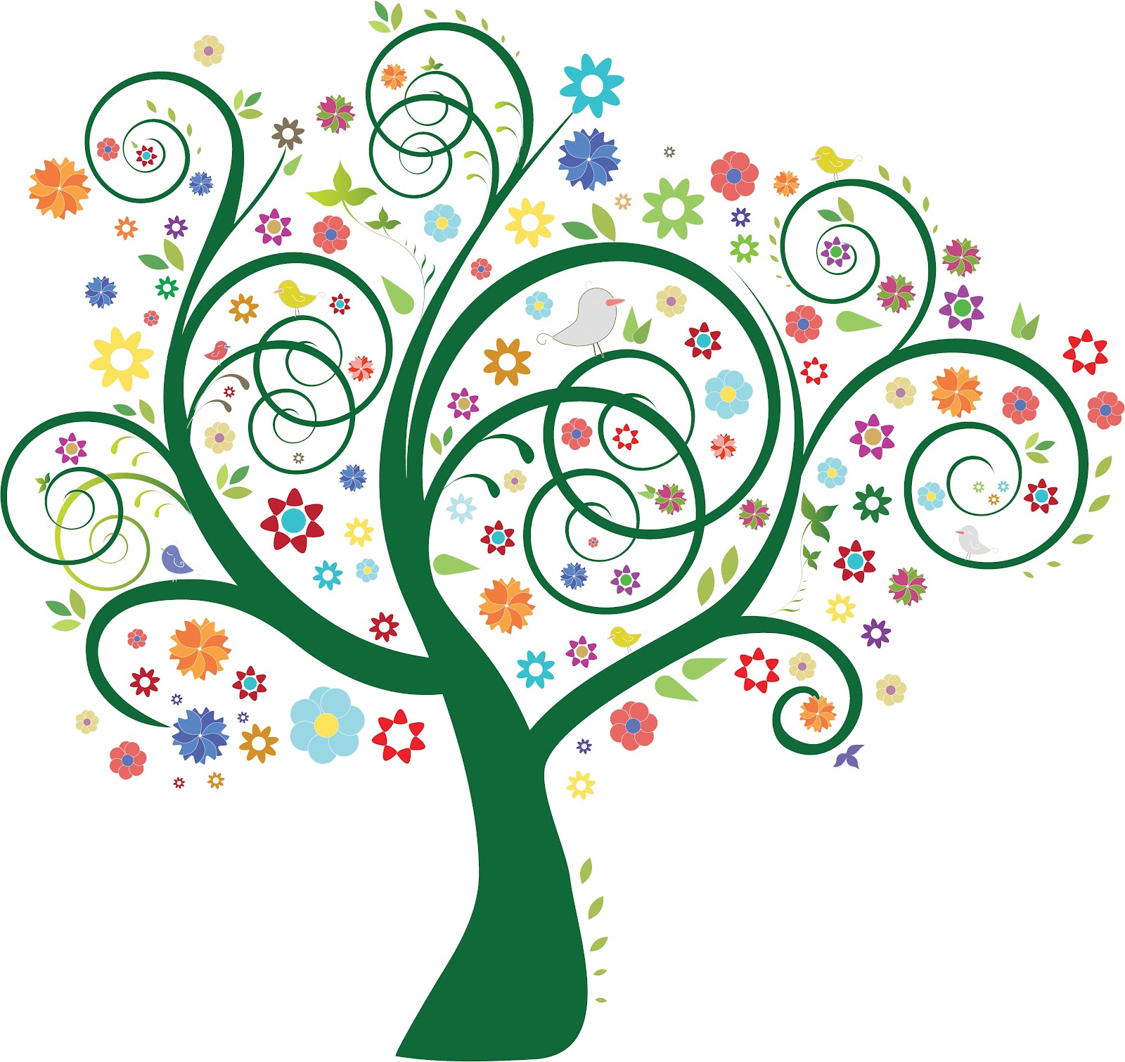 Whimsical green tree with swirling branches, colorful flowers, and birds in a joyful spring illustration.