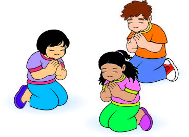 Three diverse children kneeling and praying together with hands clasped and eyes closed.