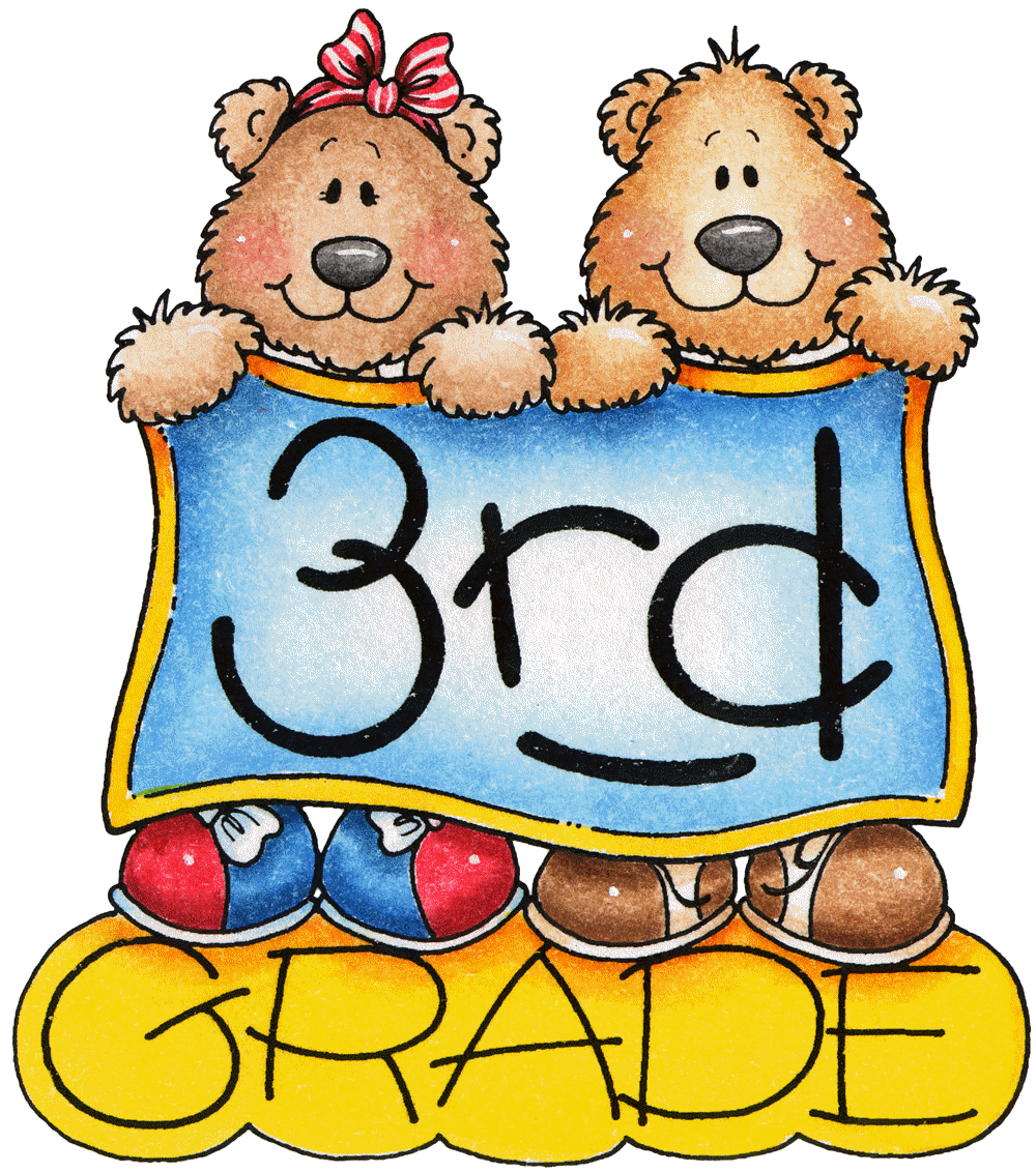 Two smiling cartoon bears holding a "3rd Grade" banner with colorful shoes below.