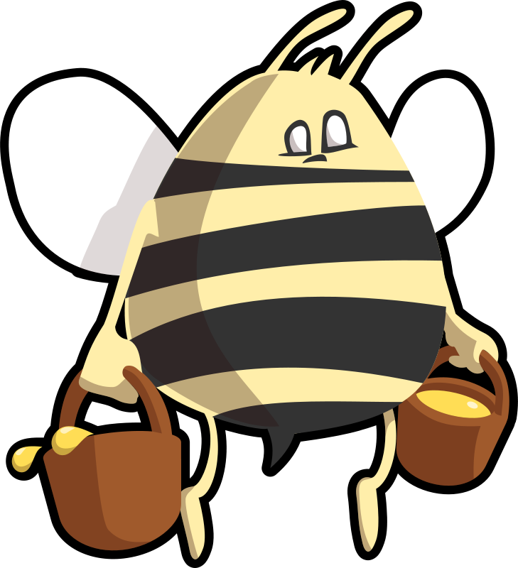 Cartoon bee with striped body, white wings, and two honey buckets in its hands.