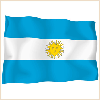 Waving flag of Argentina with light blue and white stripes and the Sun of May emblem at center.