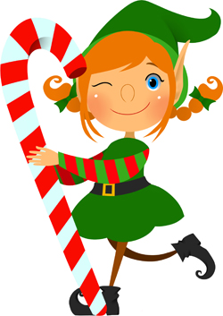 Cheerful cartoon elf with orange hair and green outfit holding a giant red-and-white striped candy cane, winking playfully.