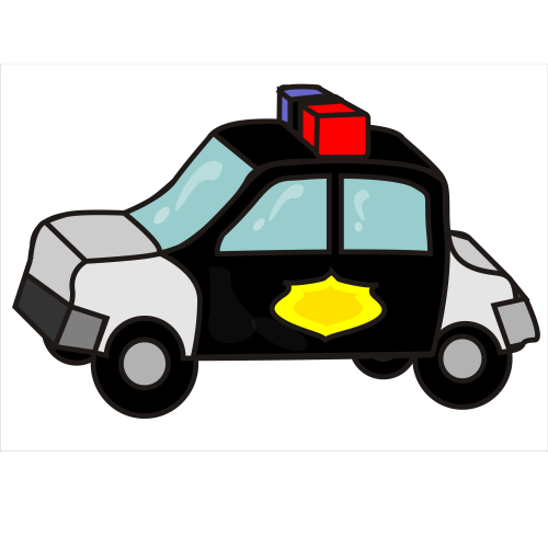 Cartoon-style black and white police car with red/blue siren lights and yellow badge emblem.