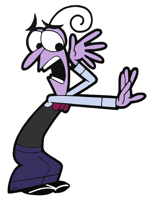 Purple cartoon character with wild hair, wide eyes, and open mouth, gesturing dramatically in panic or surprise.