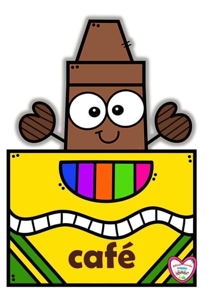 A cheerful brown crayon character peeking from a yellow crayon box labeled "café", with colorful stripes and smiling eyes.
