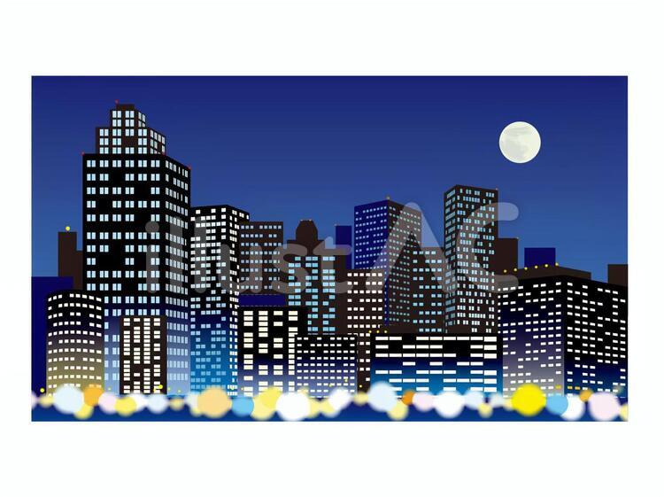 Nighttime city skyline with illuminated skyscrapers, full moon, and colorful bokeh lights along the waterfront.