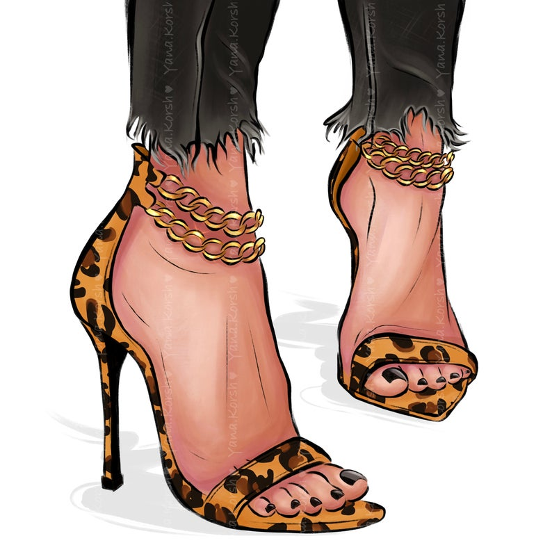 Leopard-print stiletto heels with gold chain ankle straps and frayed black jeans.