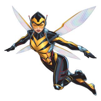 Wasp superhero in yellow-and-black suit with translucent wings, flying dynamically against white background.
