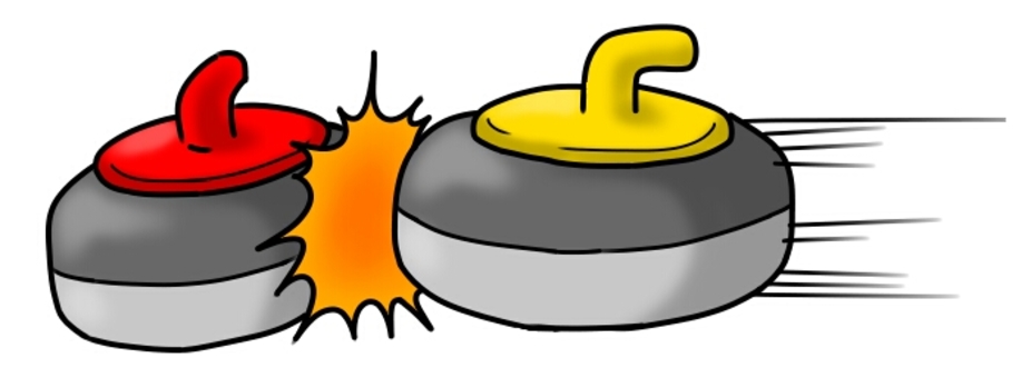 Two cartoon curling stones-one red-handled, one yellow-handled-colliding with an orange impact burst and motion lines.