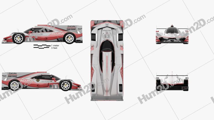 Acura ARX-06 LMDh race car technical blueprint showing side, front, rear, and top views with scale reference.