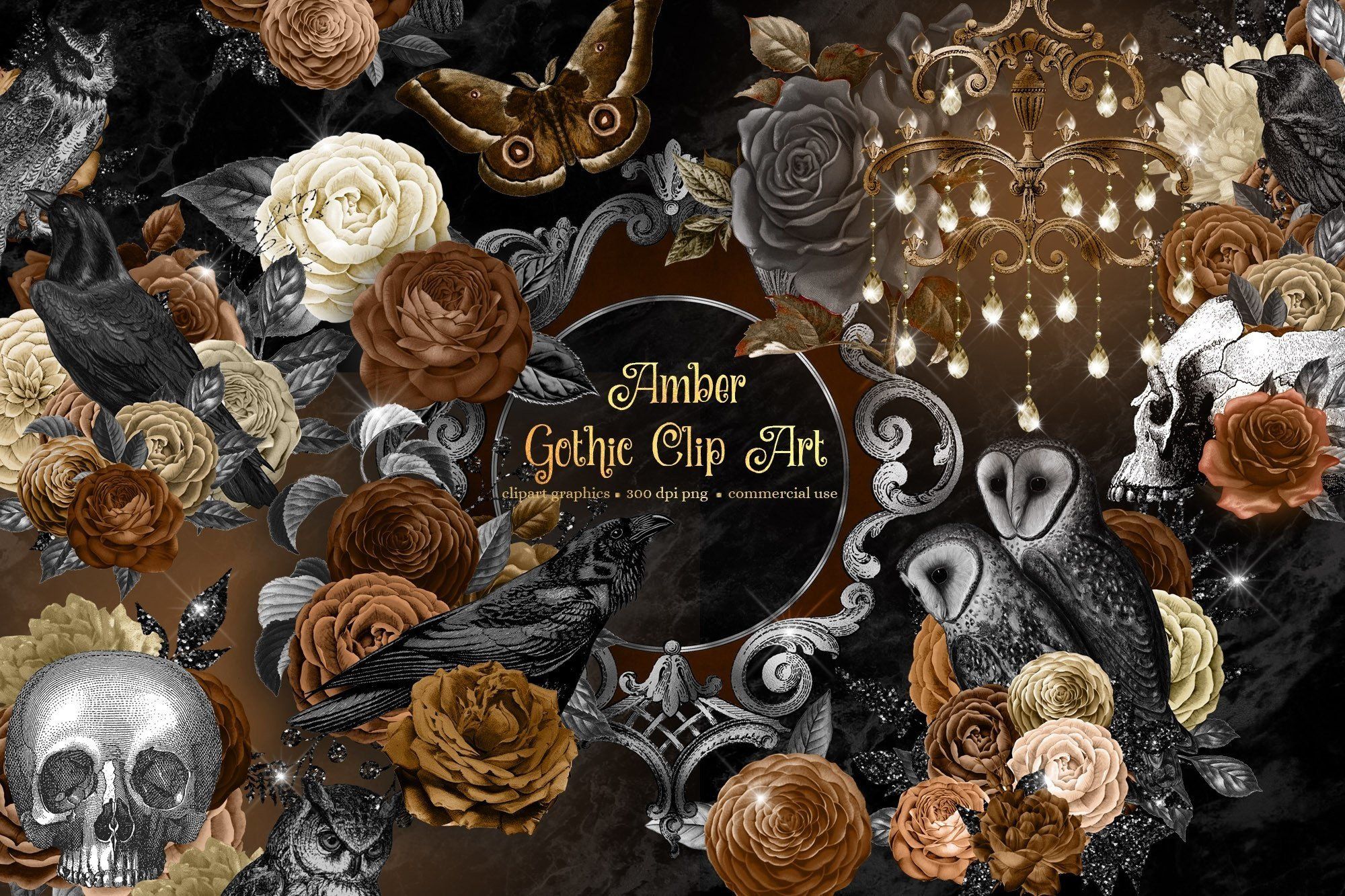 Amber gothic clip art featuring roses, ravens, owls, skulls, chandeliers, and ornate swirls in sepia, black, and gold tones.
