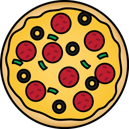 Cartoon-style pepperoni pizza with black olives and green peppers on a golden crust.