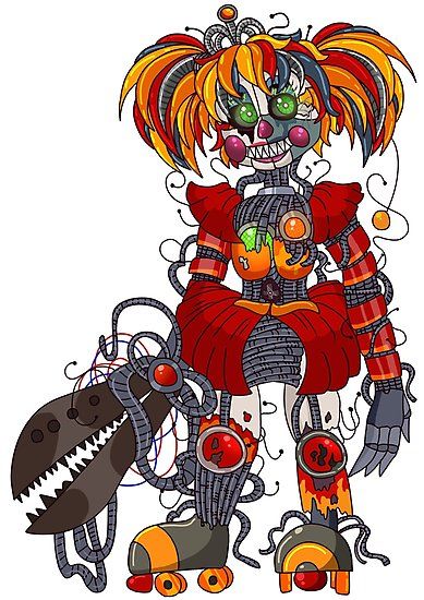 A grotesque, cybernetic clown with multicolored pigtails, exposed wiring, robotic limbs, and a menacing grin holding a jagged mechanical jaw.