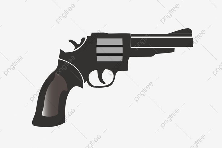 Black and gray stylized revolver illustration with wooden grip and metallic barrel details.