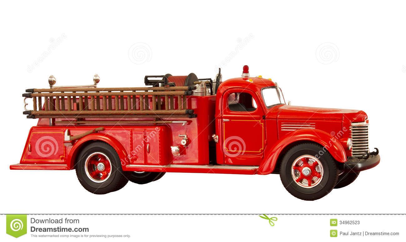 Vintage red fire truck model with wooden ladder, hose reel, and chrome details on white background.