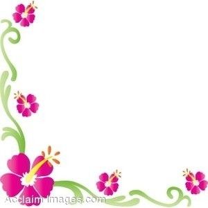 Pink hibiscus flowers and green vines forming a decorative corner border on white background.