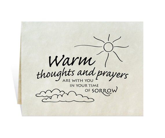Beige sympathy card with hand-drawn sun, clouds, and text: “Warm thoughts and prayers are with you in your time of sorrow.”