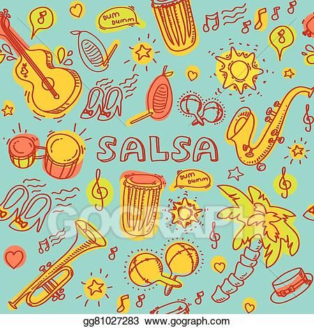 Colorful hand-drawn salsa music illustration with instruments, palm trees, hearts, and musical notes on teal background.