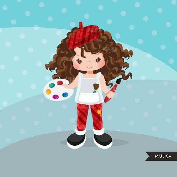 Cute cartoon girl artist with curly hair, red beret, paint palette, and brush, standing on gray ground against polka-dot blue background.