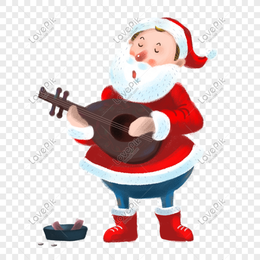 Jolly Santa Claus in red suit playing a mandolin with eyes closed, smiling joyfully beside a small bowl of treats.