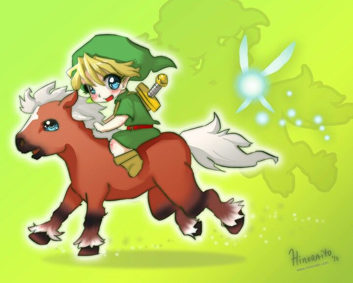 Chibi Link riding Epona with Navi glowing nearby, vibrant green background.