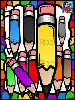 Colorful cartoon pencils in stained-glass style, ideal for education and creativity themes.