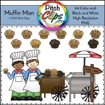 Two cartoon chefs selling muffins from a food cart with assorted muffin clip art above; Pitch Clips 2015 branding.