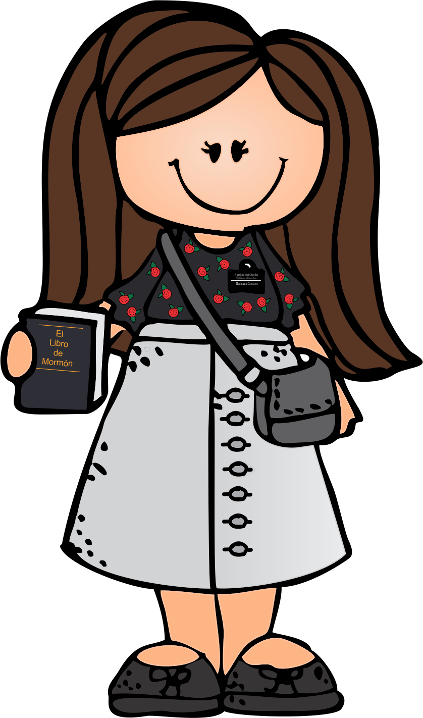 Smiling female missionary holding "El Libro de Mormón", wearing name tag, floral top, and gray skirt with satchel.