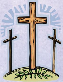Three wooden crosses on a hill with olive branches and radiant light, symbolizing the crucifixion of Jesus and the two thieves.