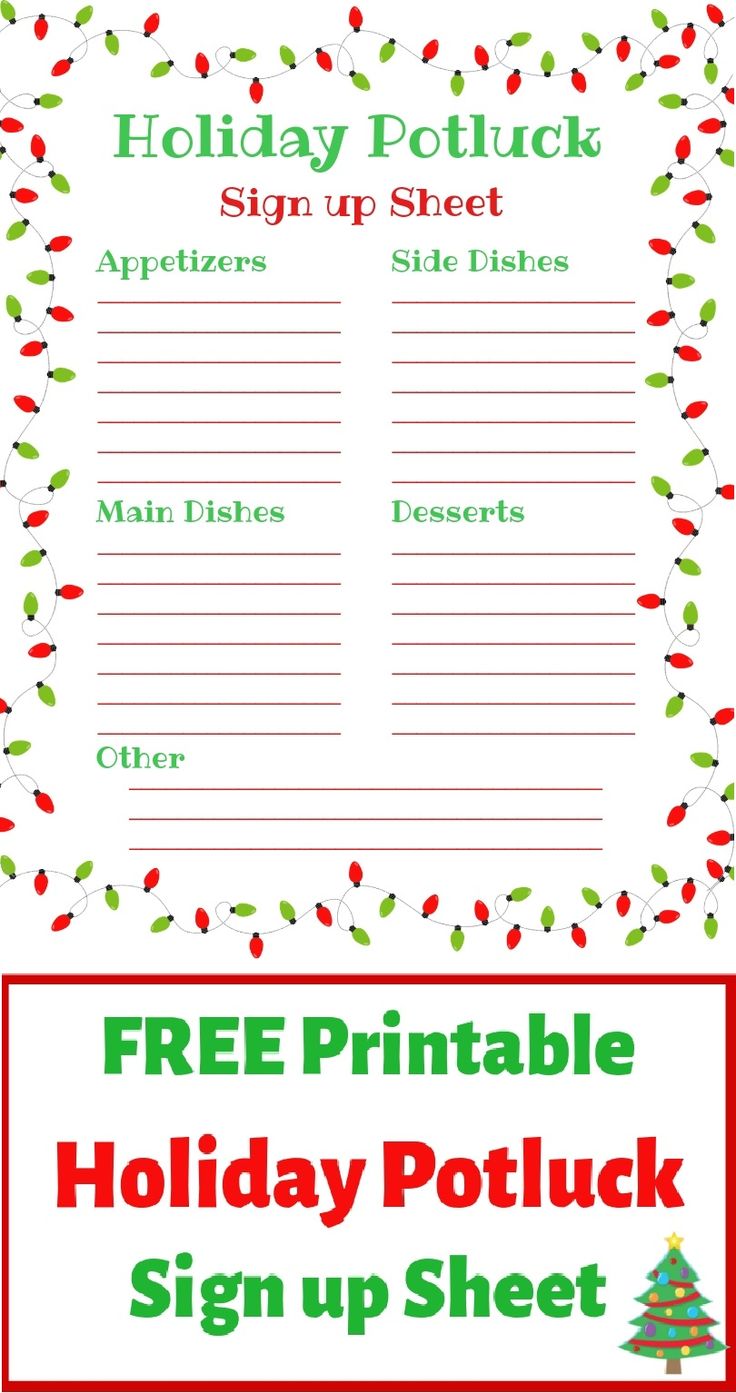 Free printable holiday potluck sign-up sheet with festive lights border and food categories.