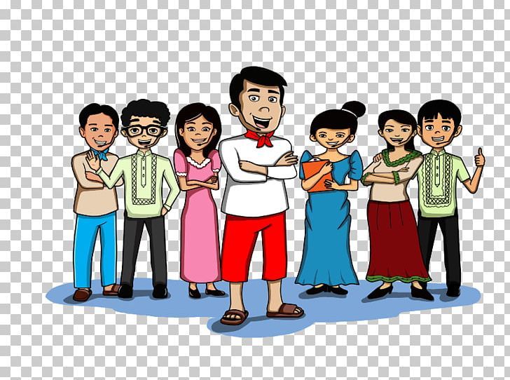 Group of seven smiling Filipino characters in traditional and modern attire, standing together on a blue shadow base.