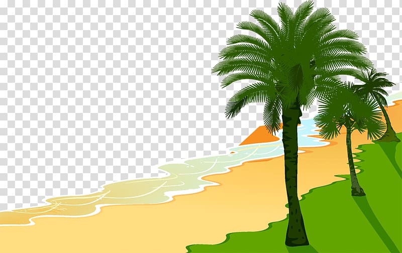 Tropical beach scene with palm trees, golden sand, gentle waves, and green grass on transparent background.