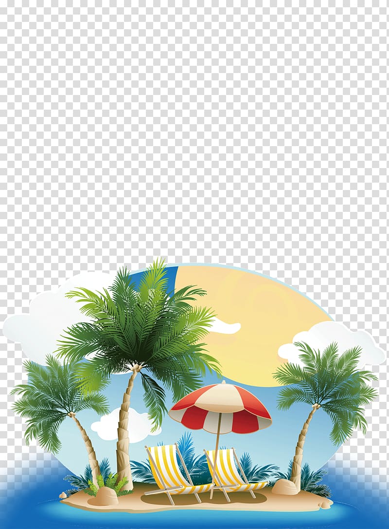 Tropical island scene with palm trees, striped beach chairs, red-and-white umbrella, and sunny sky over blue ocean.