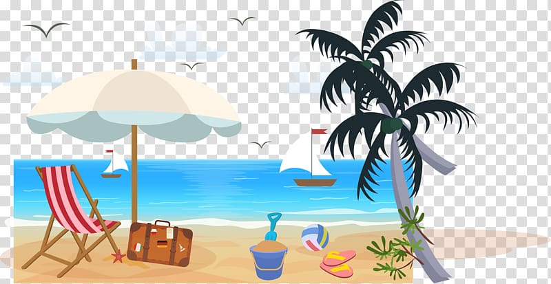 Beach scene with striped chair, umbrella, palm tree, sailboats, bucket, spade, and suitcase on sandy shore.