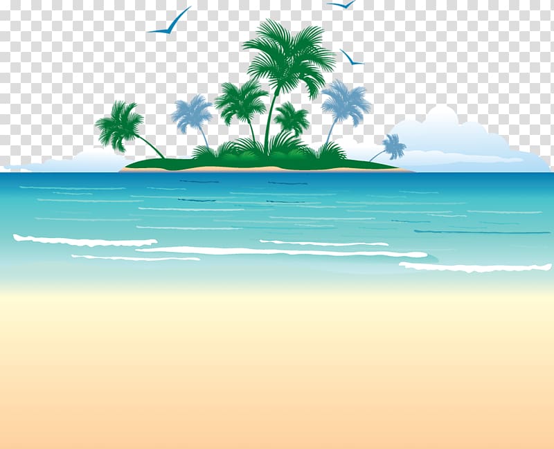 Tropical island with palm trees, turquoise sea, sandy beach, and flying birds under a cloudy sky.