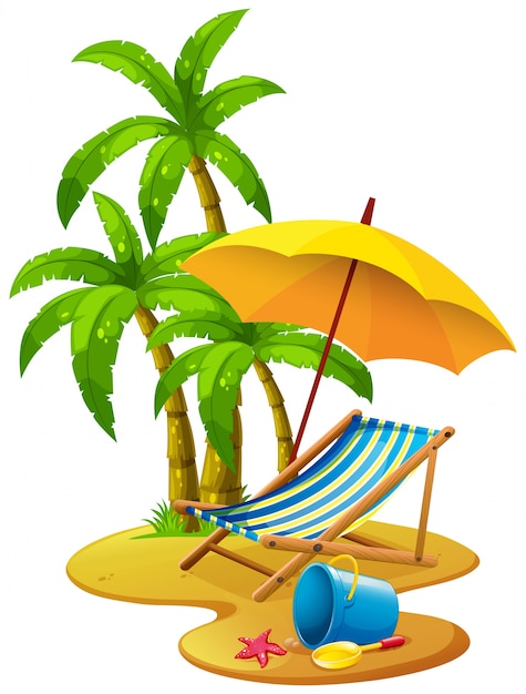 Tropical beach scene with palm trees, striped lounge chair, yellow umbrella, blue bucket, starfish, and sand.