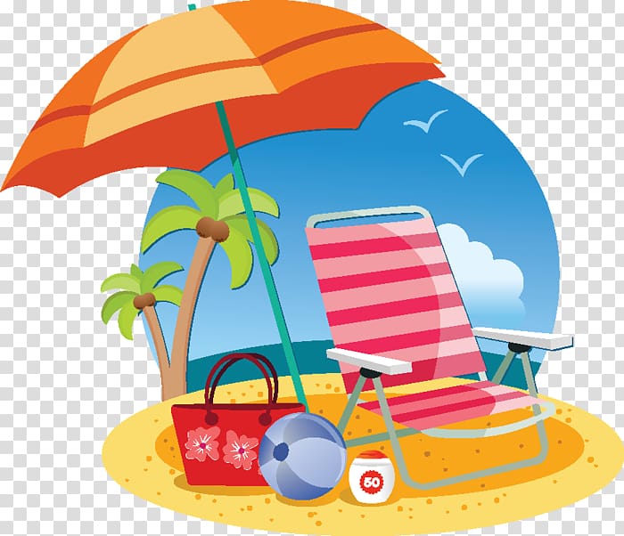 Beach scene with striped lounge chair, orange umbrella, palm trees, beach bag, ball, and sunscreen on sand under blue sky.