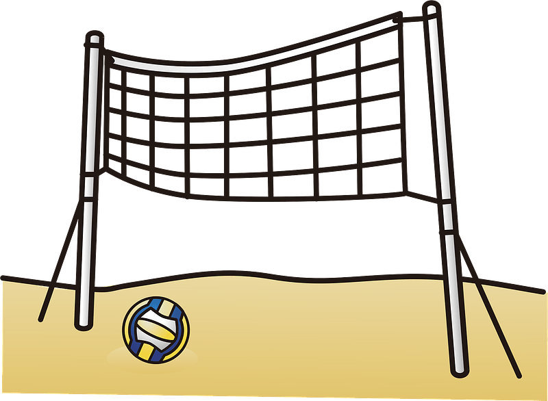 Beach volleyball net with a colorful ball resting on sand in front of it.