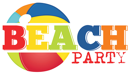 Colorful beach ball logo with bold "BEACH PARTY" text in vibrant multicolor letters.