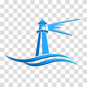 Blue lighthouse with waves and directional beams on transparent background
