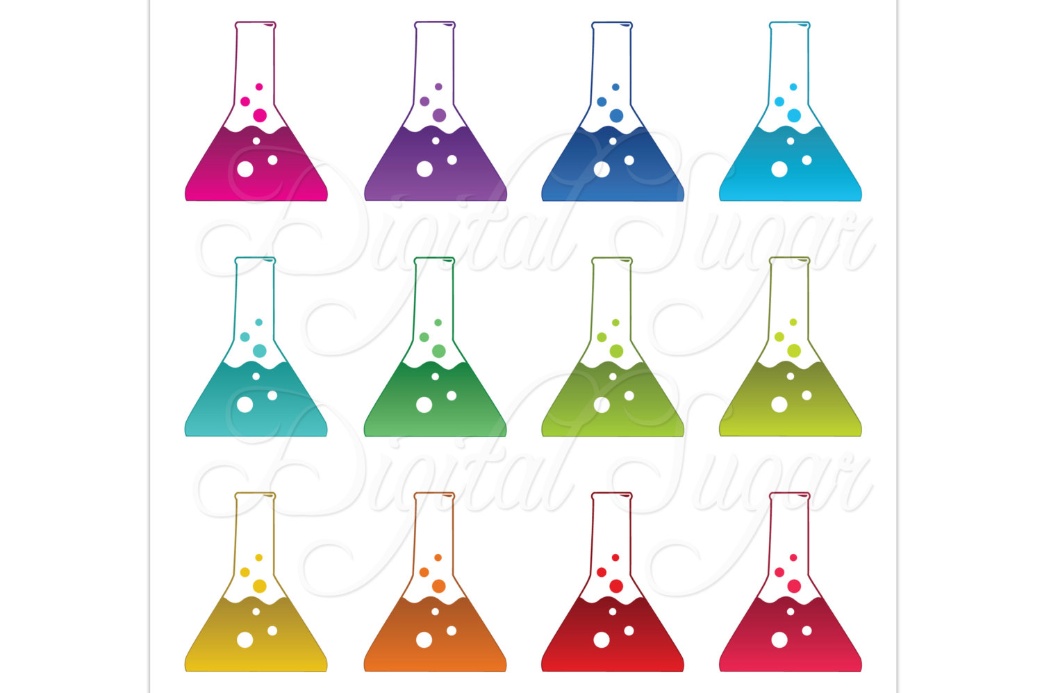 Twelve colorful Erlenmeyer flasks with bubbling liquids in a grid, representing chemistry experiments or science education.